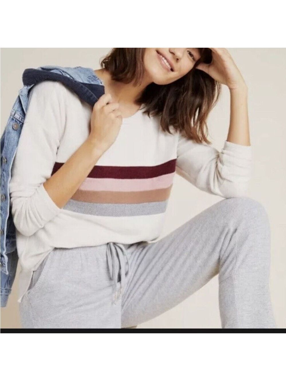 Anthropologie Ella Mara Hacci Striped Cream Crewneck Sweater NWT Size M